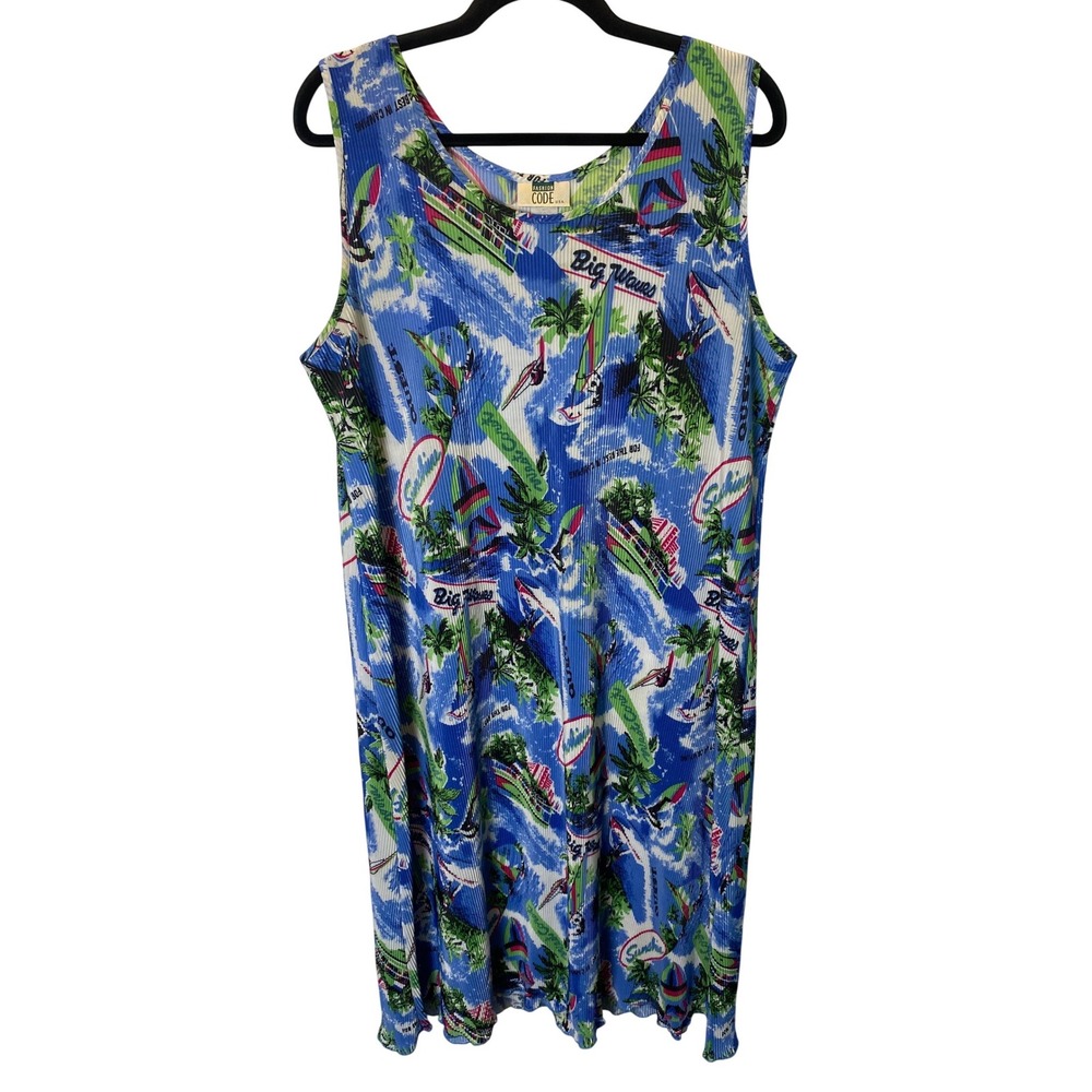 Vintage Fashion Code Tropical Dress Women One Size Blue Pleated Swim Coverup USA